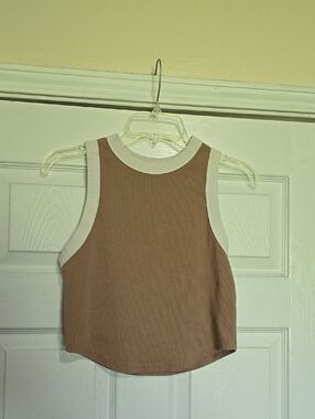 Wild Fable Ribbed Tank Crop Top with Contrast Trim - Beige - Size LARGE